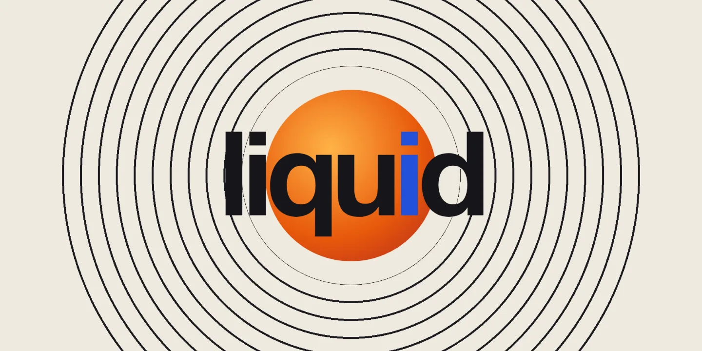 A poster: the word liquid over an orange disc in concentric rings